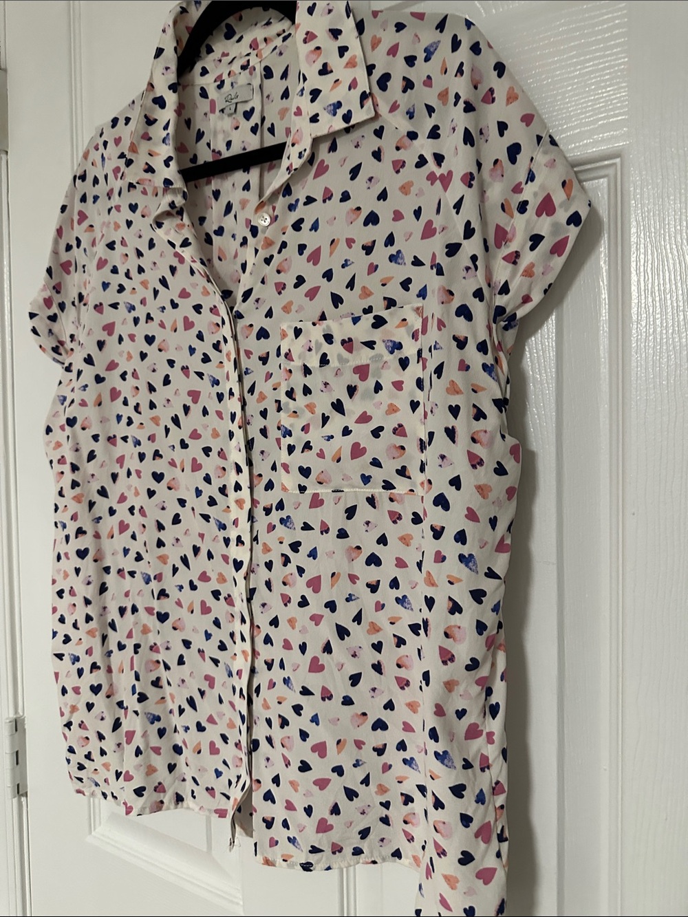 Short Sleeve Heart Print Button-Up Blouse - Cream with Pink & Navy Hearts